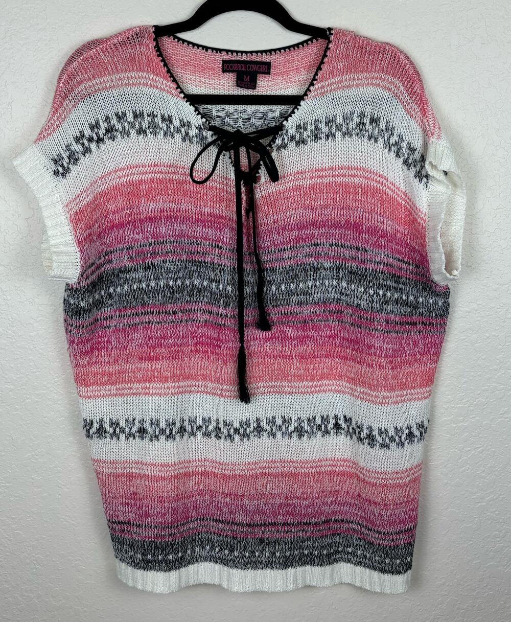 Rock & Roll Cowgirl Pink Striped Knit Sweater M Lace Up Western Boho Top